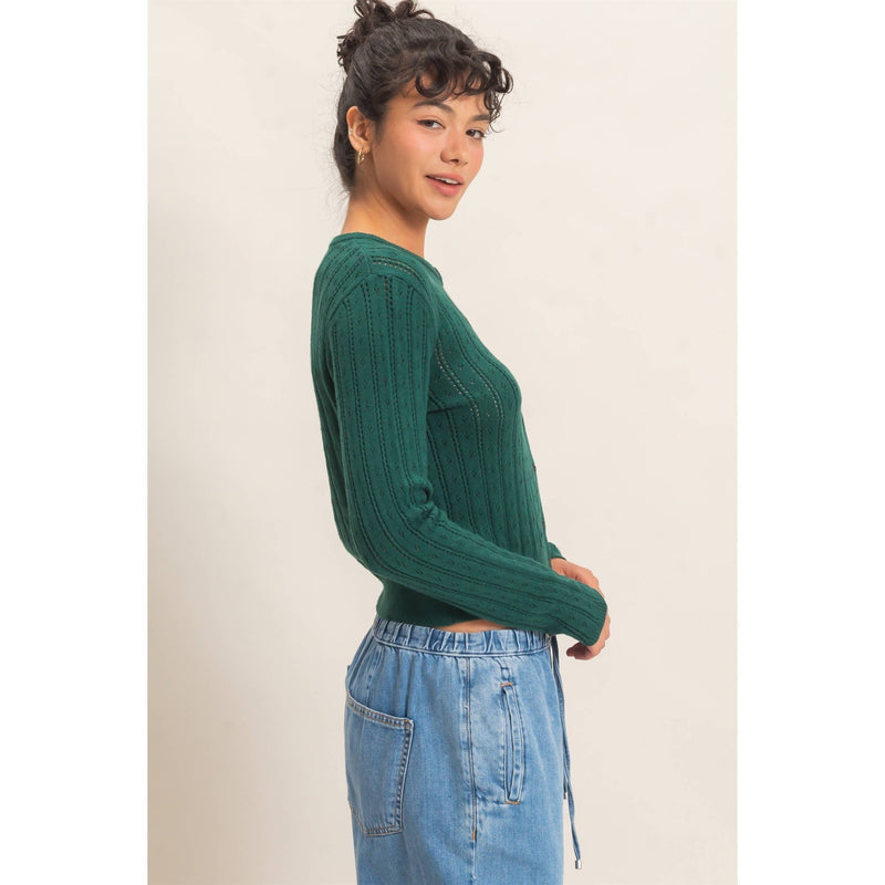 Pointelle Button Up Cardigan - Dark Green