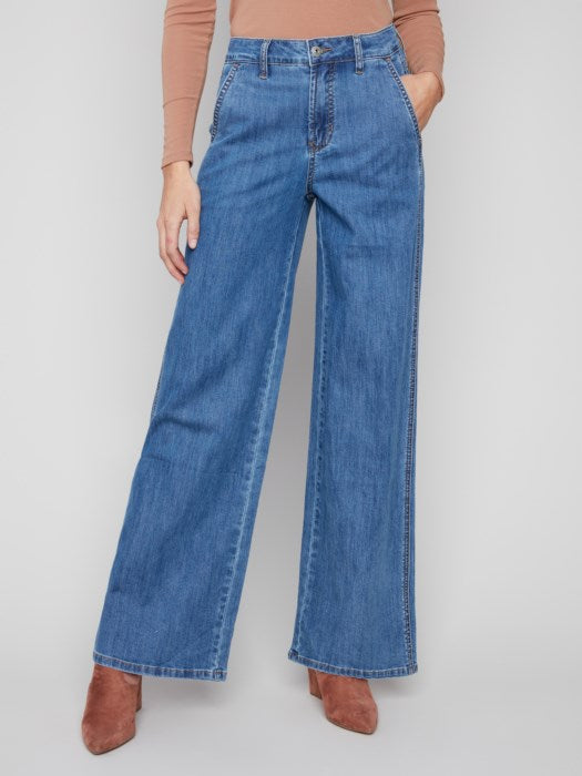 Wide Leg Stretch Denim Pants With Slash Pockets - Classic Denim Classic Blue