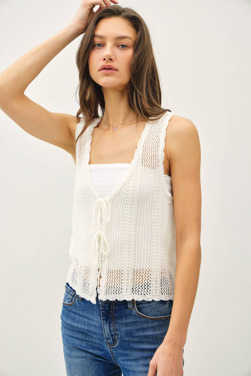 Crochet Knit Vest w/ Tie Fastenings - Off White