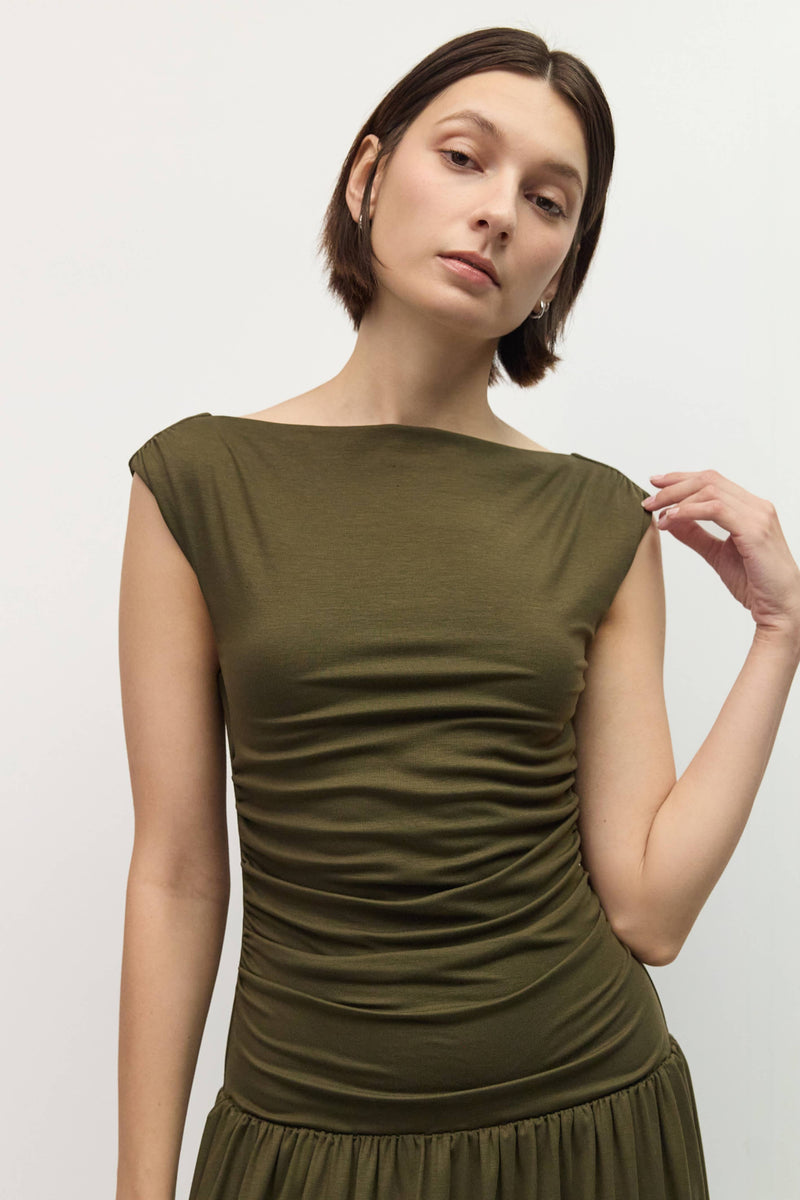 The Madilyn Dress | Wide Cowl Neck Ruched Midi Dress - Olive