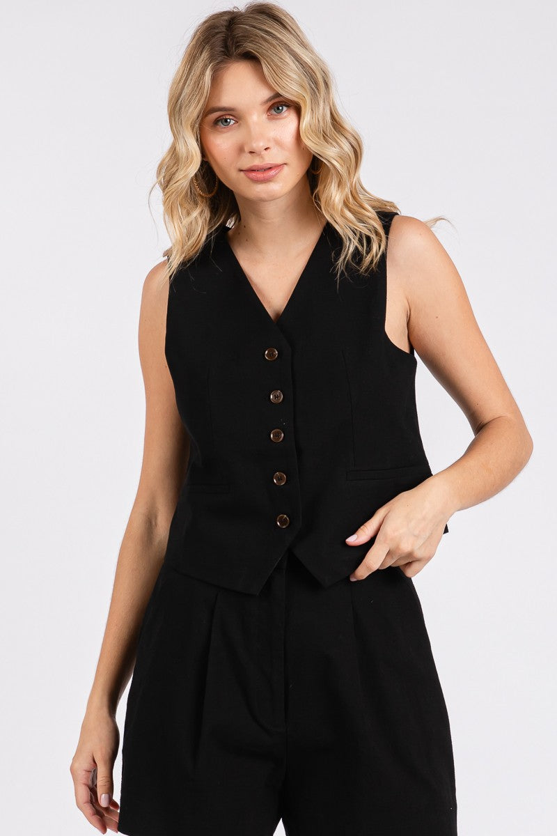 Linen Button Vest Black