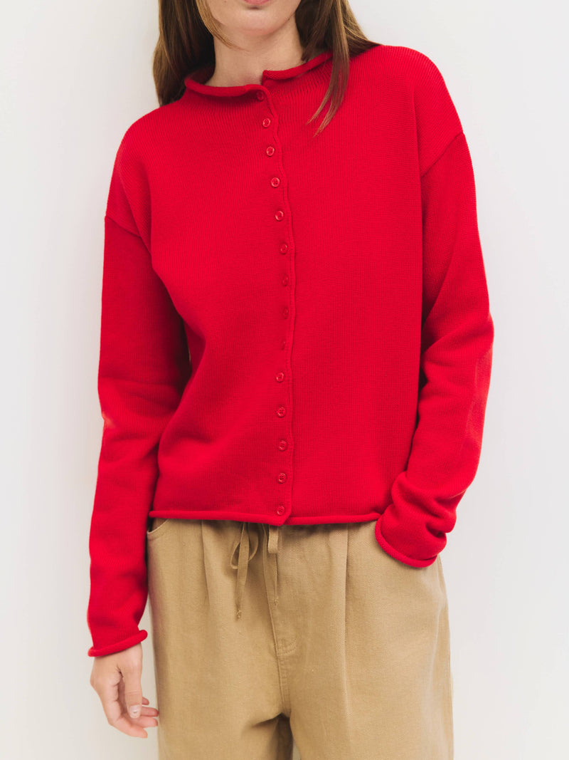 The Marlo Cardigan | Raw Hem Button-Down Cardigan- Red