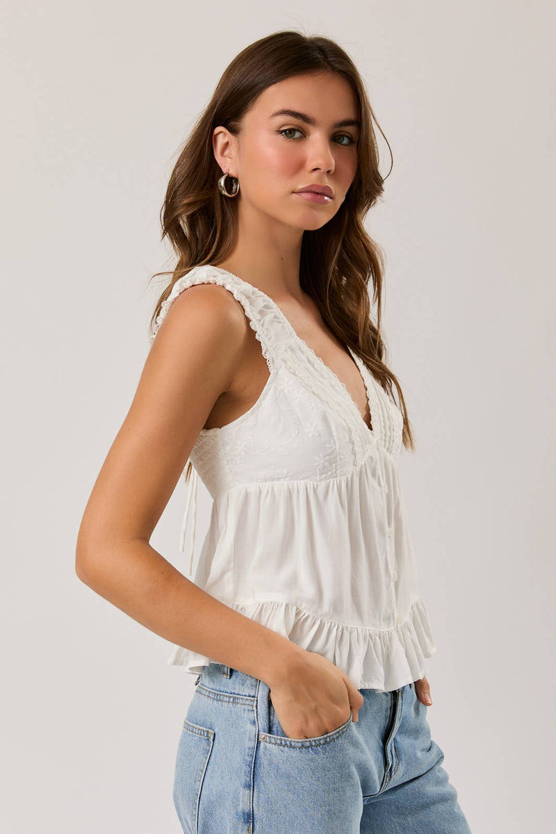 V Neckline Top w/ Lace Trim - White