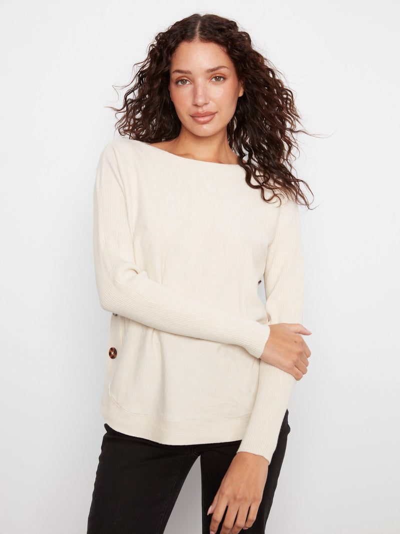 Charlie B • Long Sleeve Boat Neck Sweater W/ Side Button - Heather