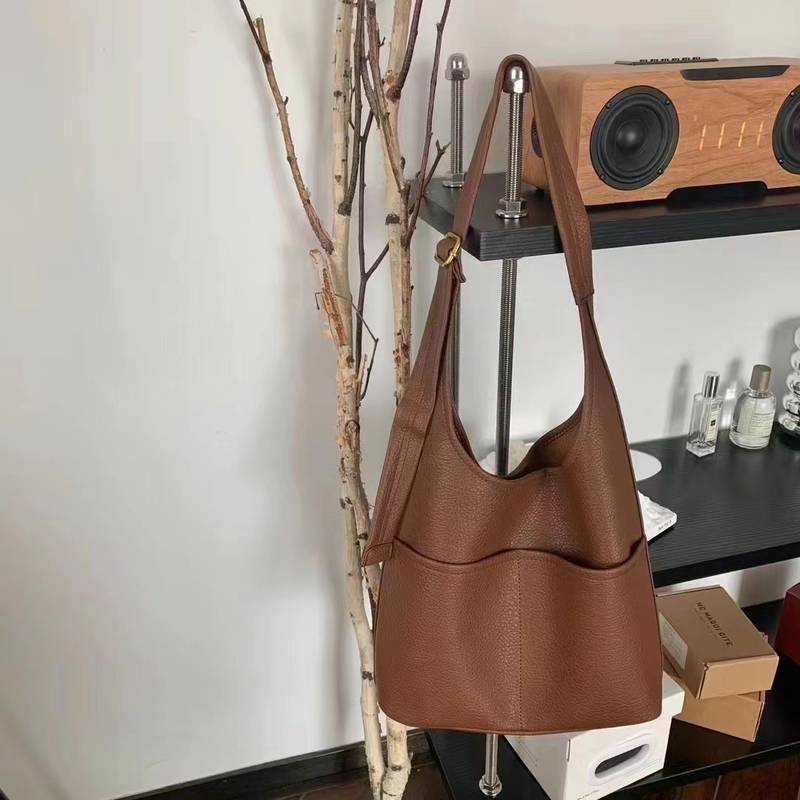 Pockets Front Microfiber Leather Bag - Brown