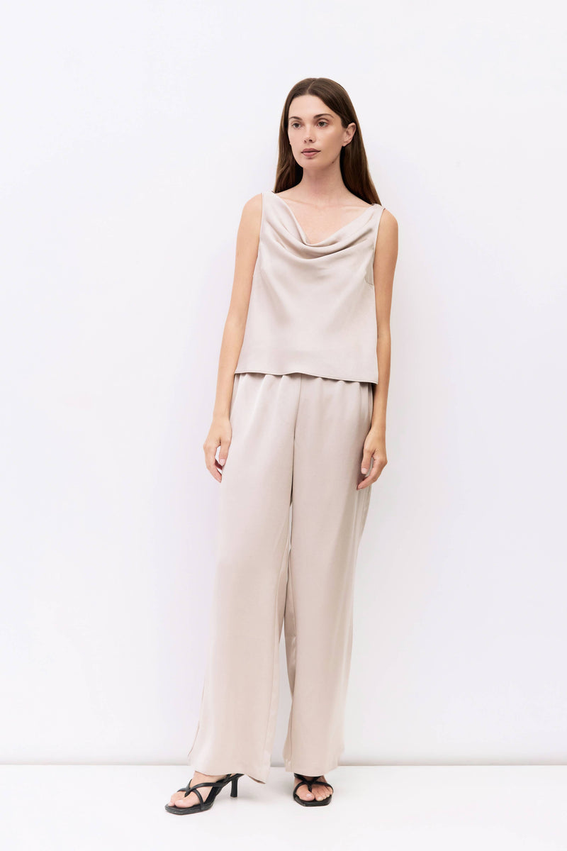 The Denver Top | Crushed Satin Cowl Neck Top - Taupe