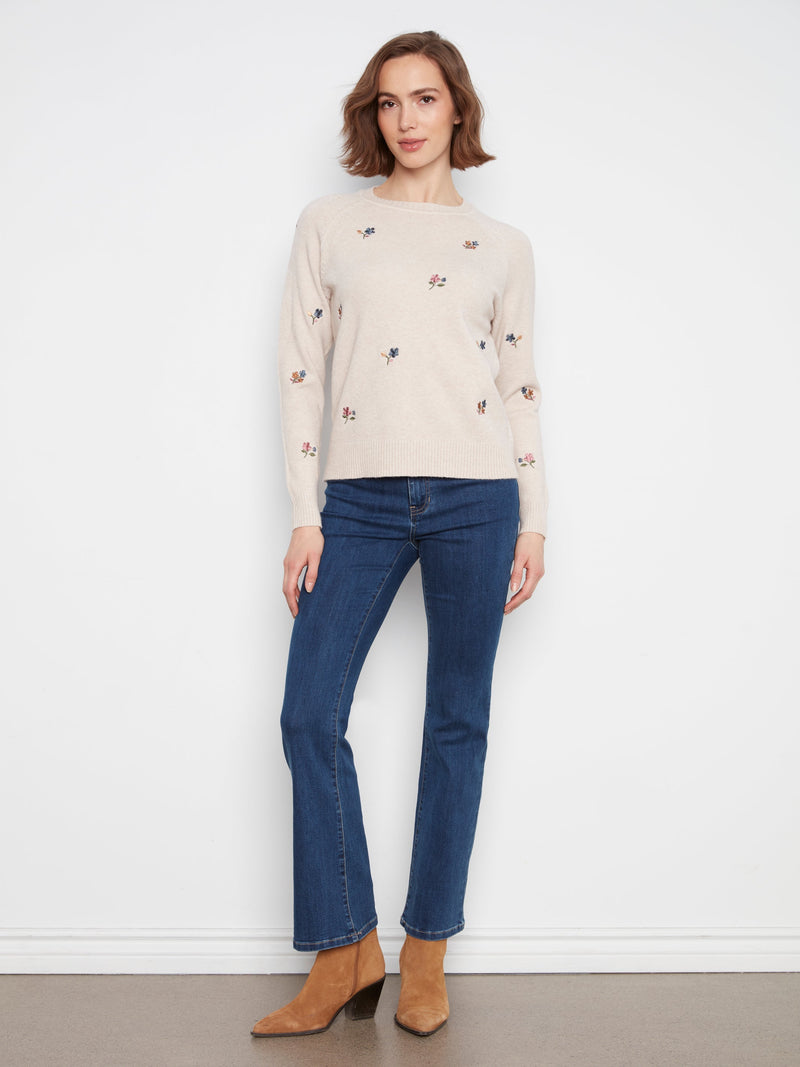 Charlie B • Embroidered Raglan Sleeve Crewneck Sweater - Almond