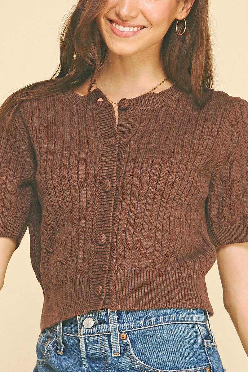 Cable Knit Short Sleeve Sweater - Espresso