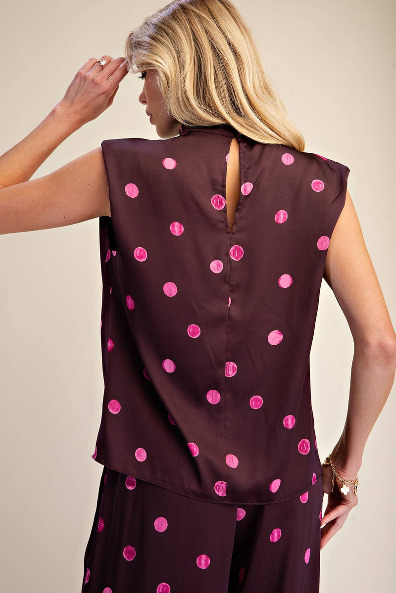 Cowl Mock Neck Polka Dot Sleeveless Top - Plum