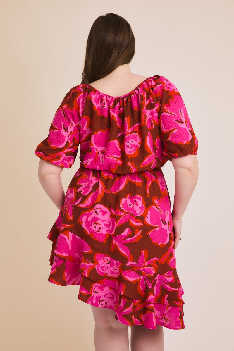Floral 3/4 Sleeve Dress - Burgundy