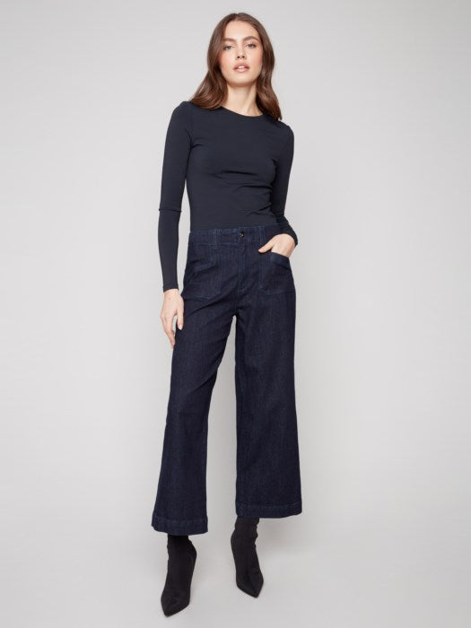 Cropped Wide Leg Stretch Denim Pant