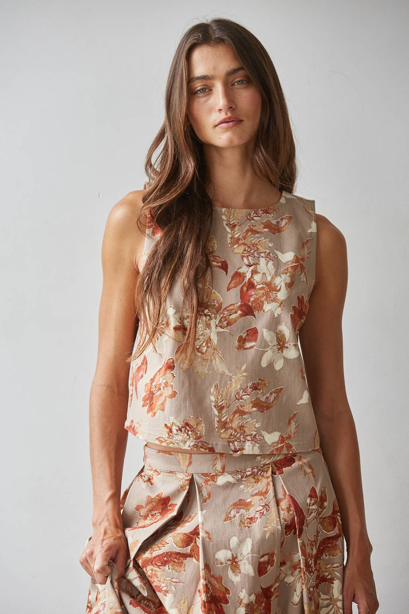 Floral Print Woven Tank - Taupe Rust