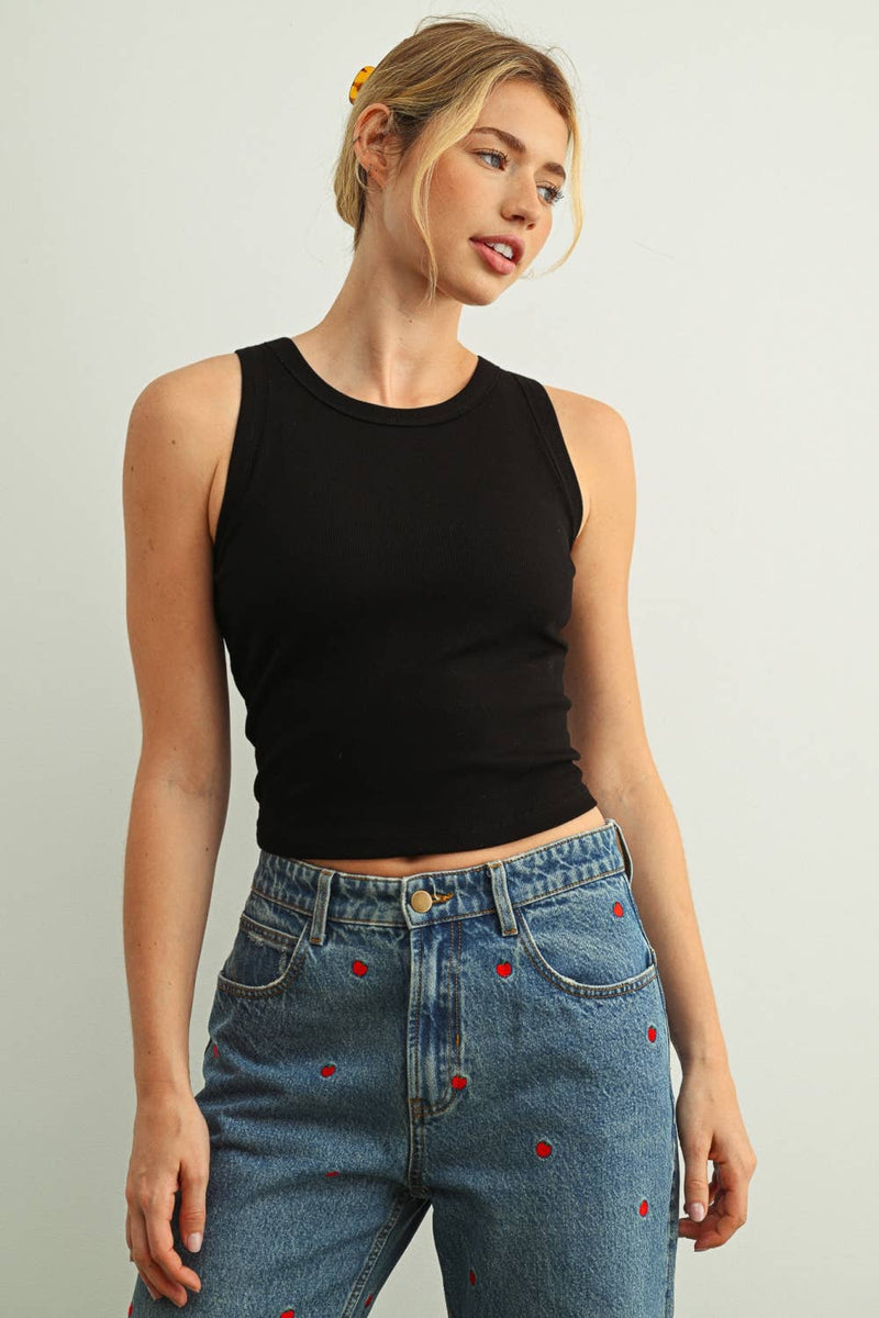 Sleeveless Ribbed Tank with Bra Pad - Black