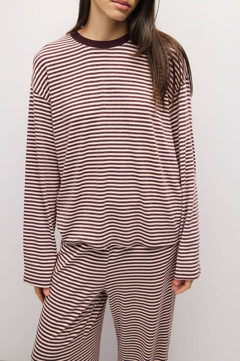 The Brook Top | Striped Long Sleeve Relaxed Tee - Pink & Burgundy