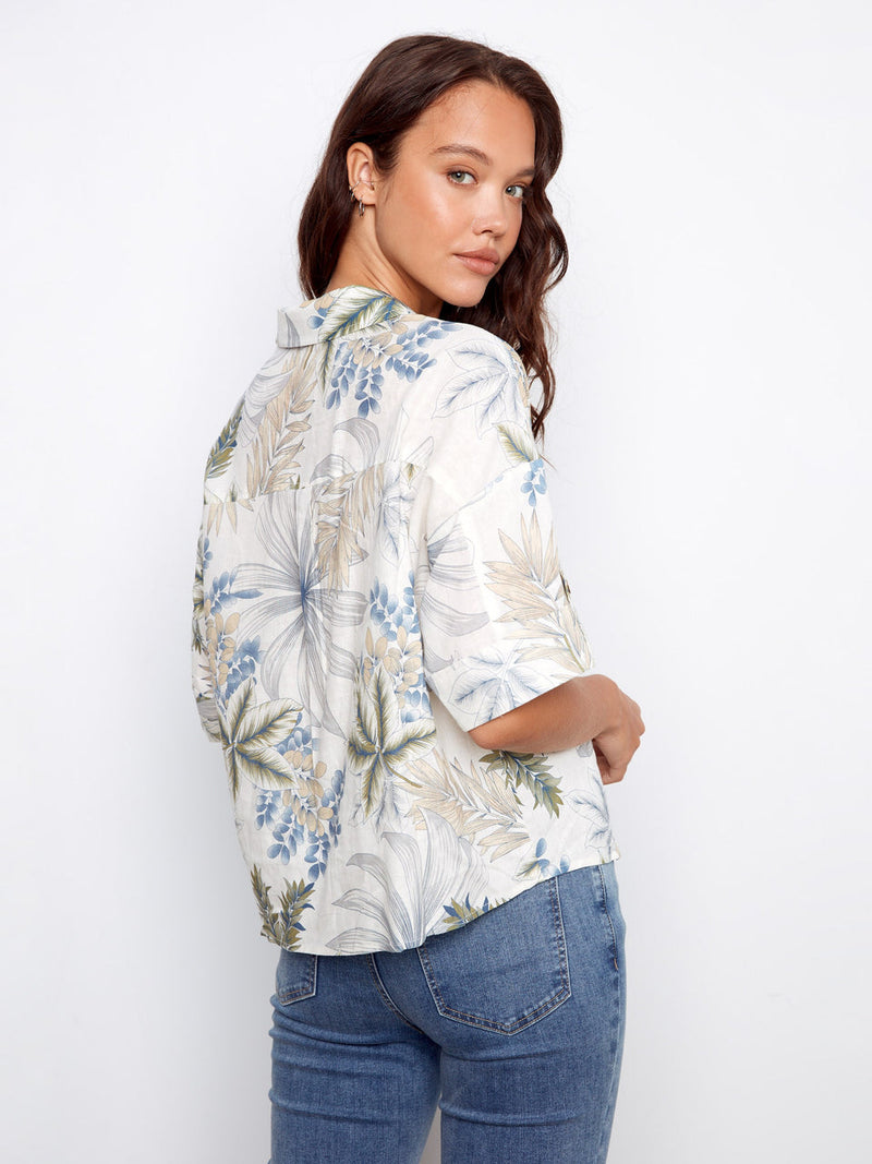 Charlie B • Printed Button-Front Linen Blouse W/ Patch Pockets - Hawaii