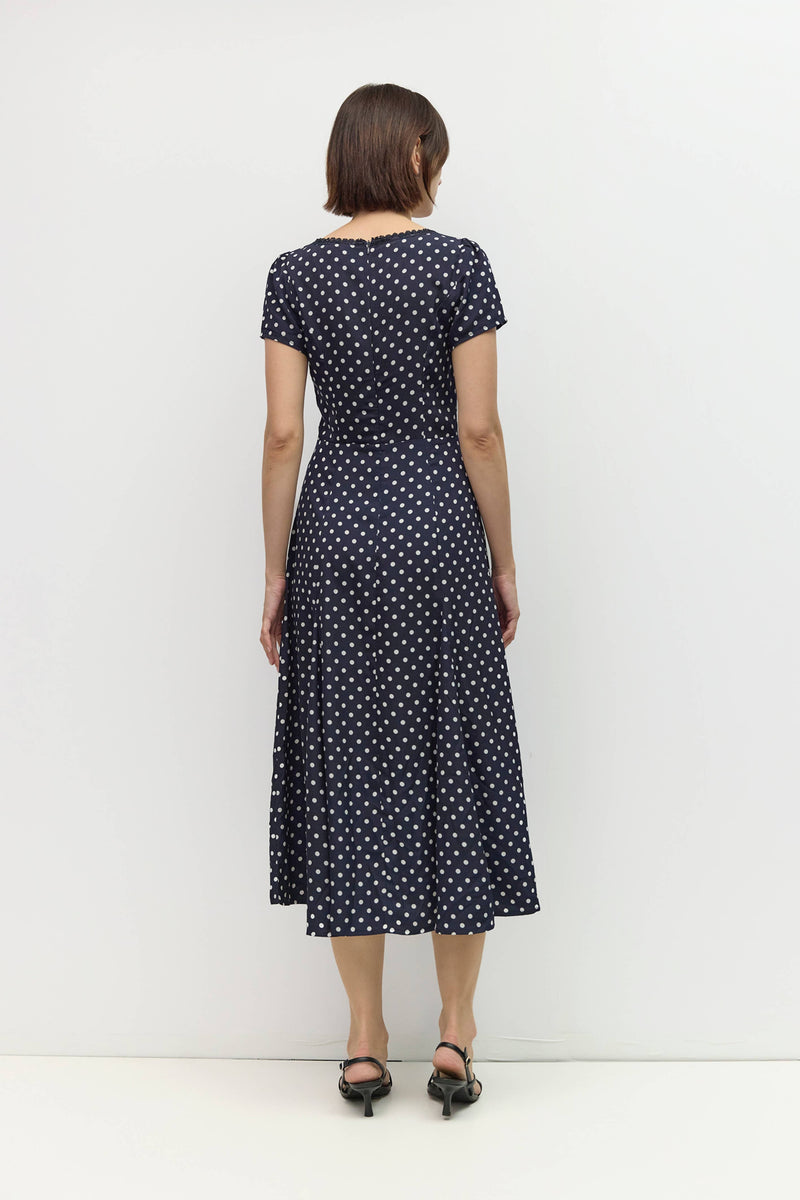 The Mattie Dress | Polka Dot Square Neck Midi Dress - Navy & White