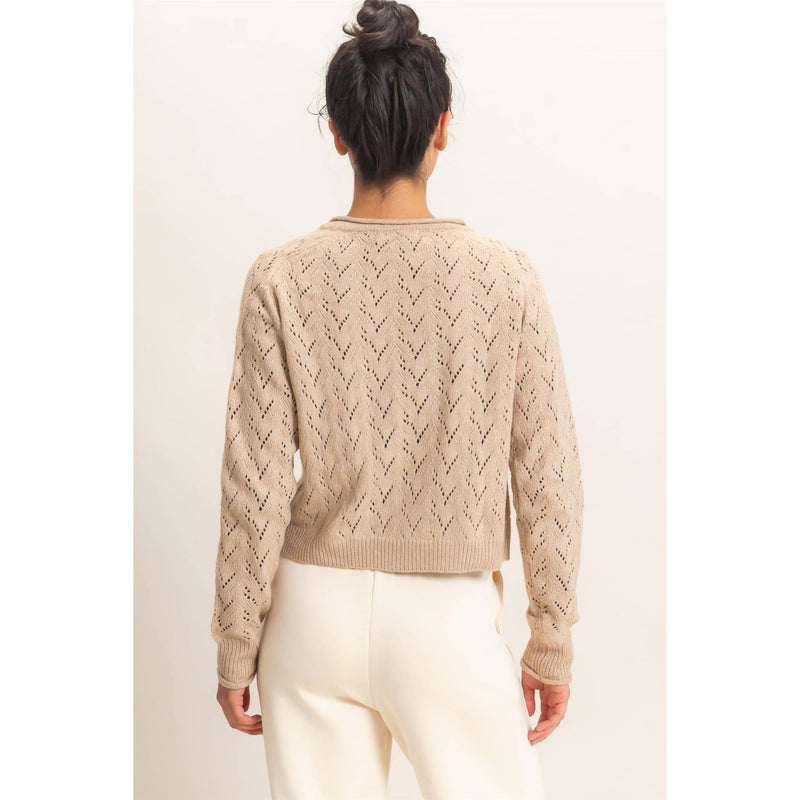 Pointelle Knit Button Front Sweater Cardigan - Dark Taupe