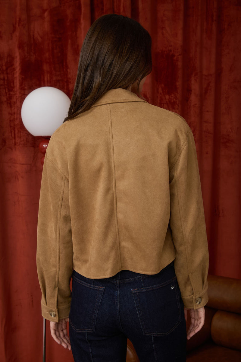 Suede Collared Button Down Cropped Jacket - Camel