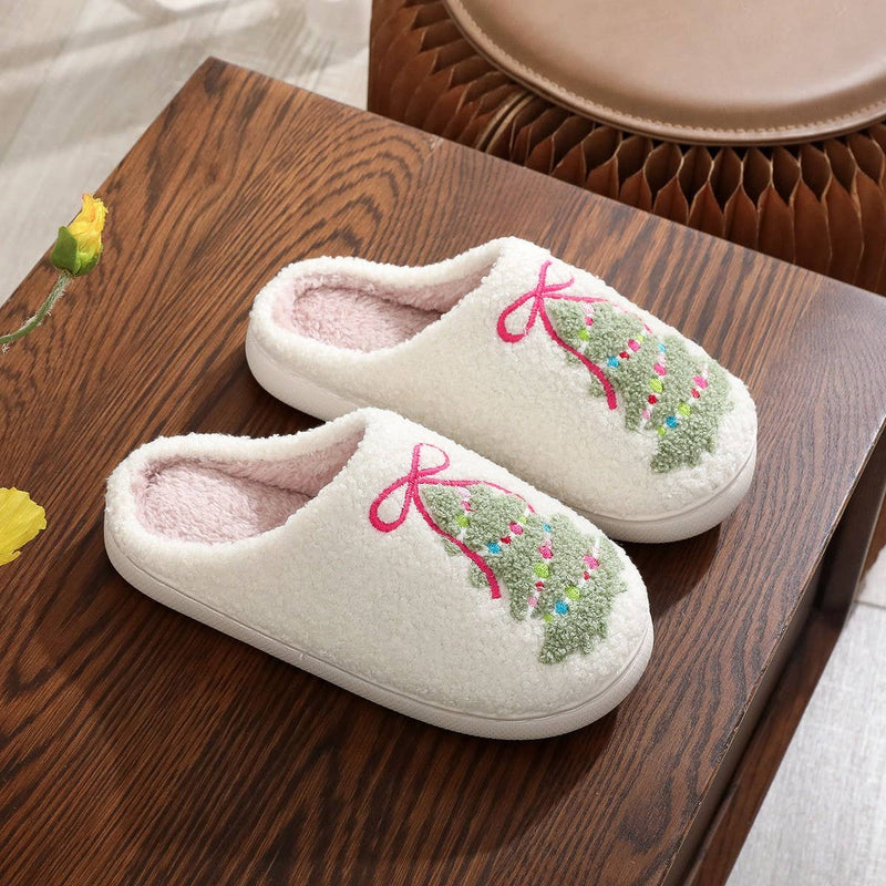 Cozy Christmas Bow Slippers - White