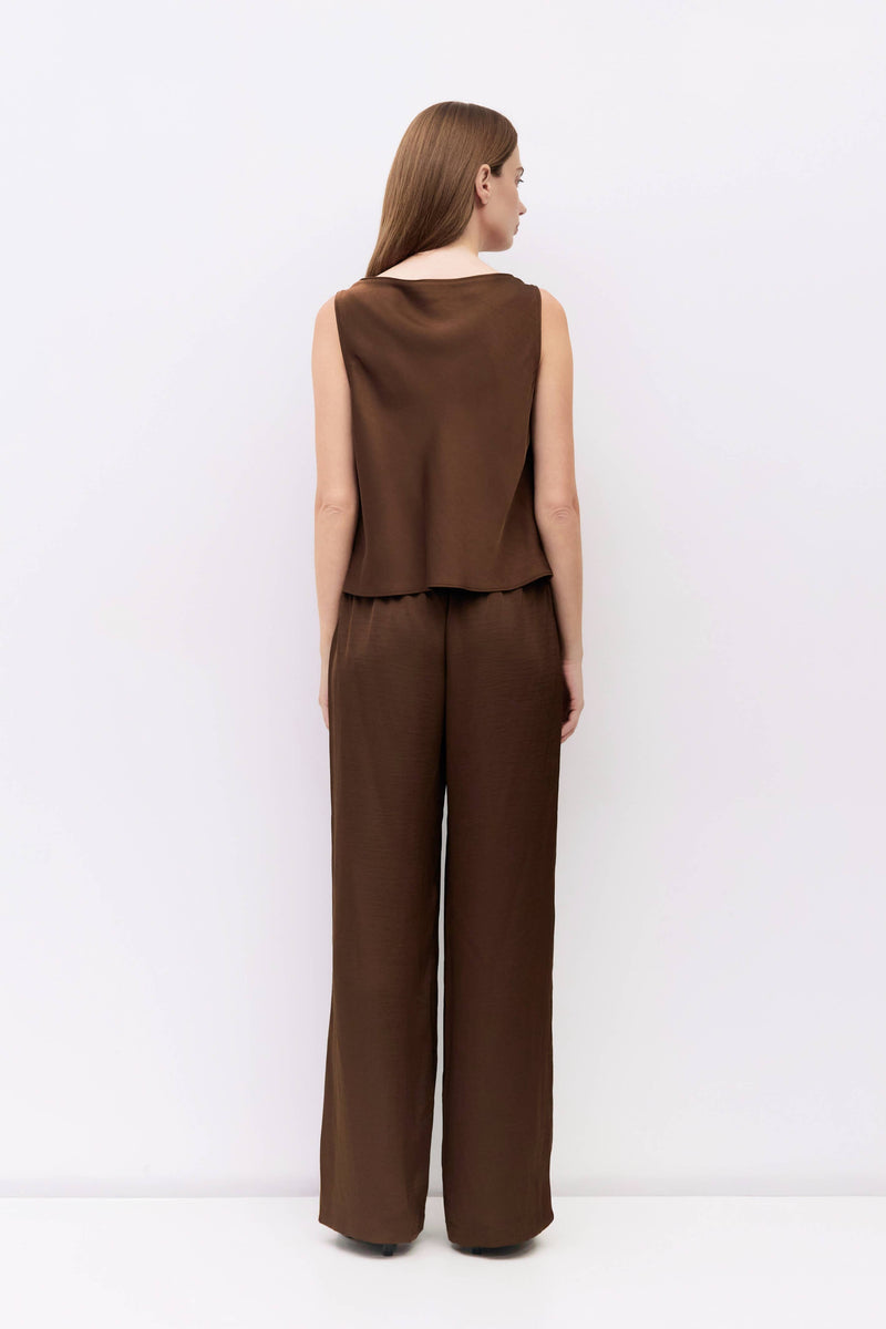 The Denver Top | Crushed Satin Cowl Neck Top - Brown