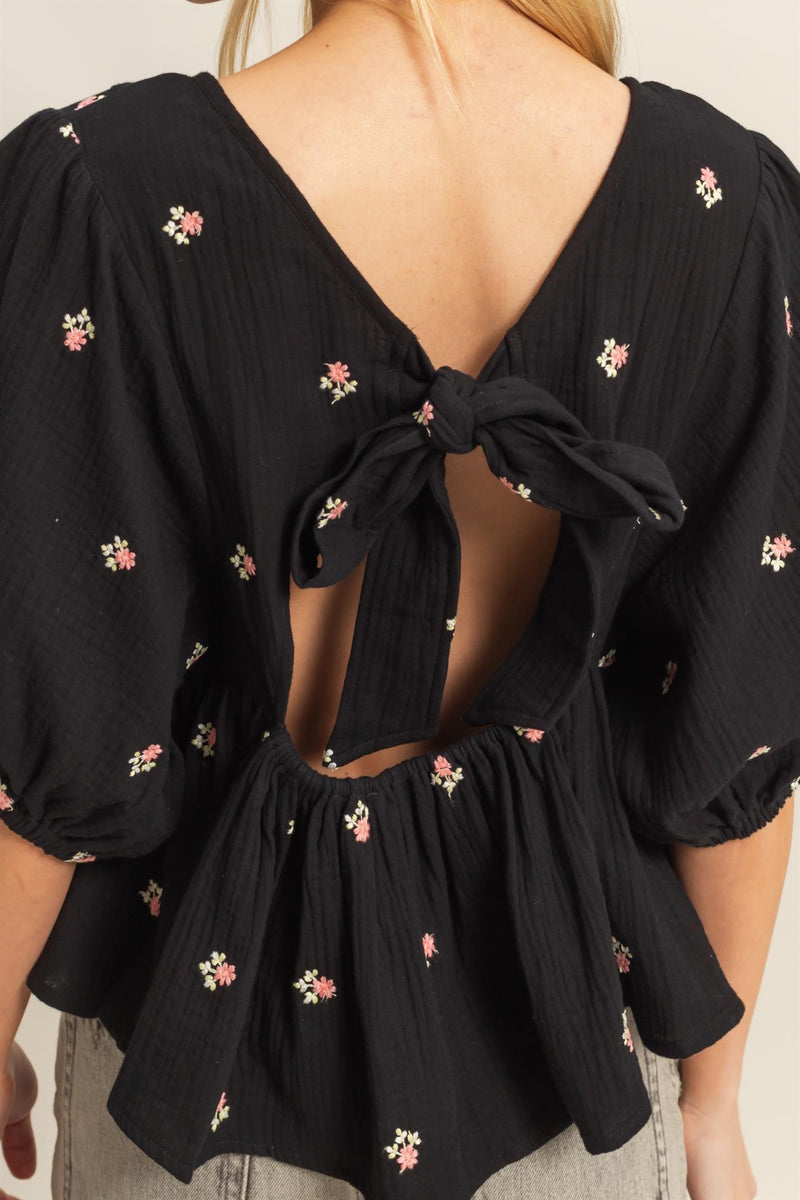Floral Gauze Top - Black