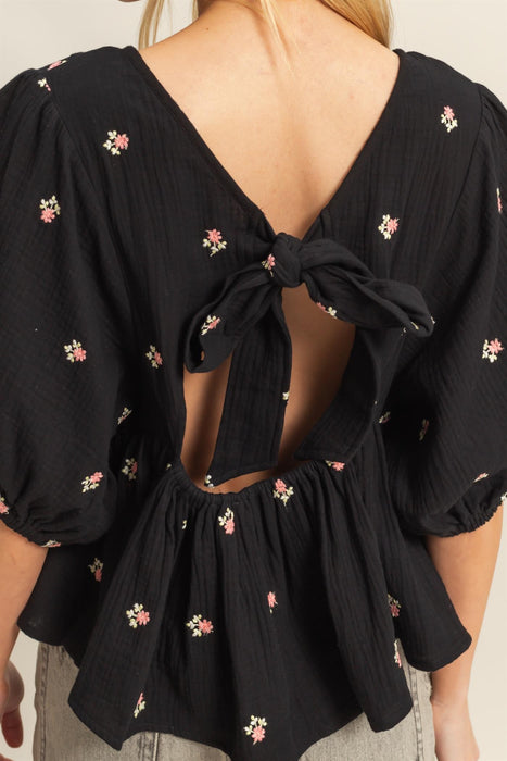Floral Gauze Top - Black