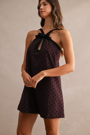 Contrast Trim Bow Polka Dot Mini Dress - Eggplant