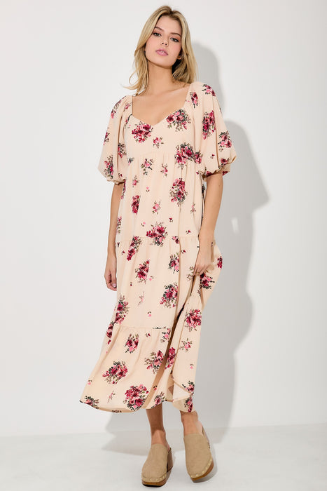 Floral Print Midi Dress - Beige
