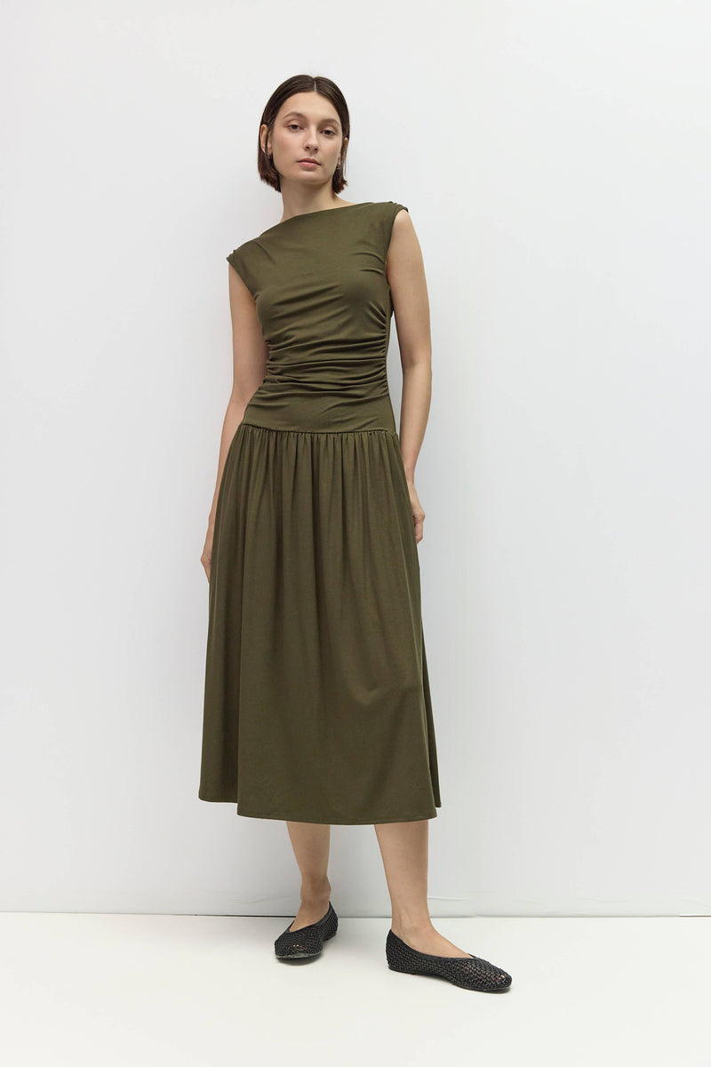 The Madilyn Dress | Wide Cowl Neck Ruched Midi Dress - Olive