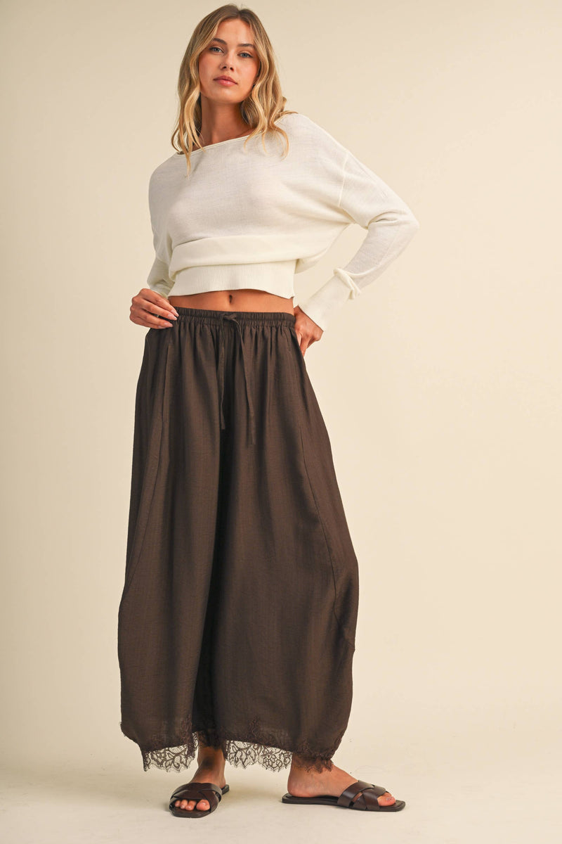 Barrel Fit Pants w/ Lace Trim Hem - Dark Brown