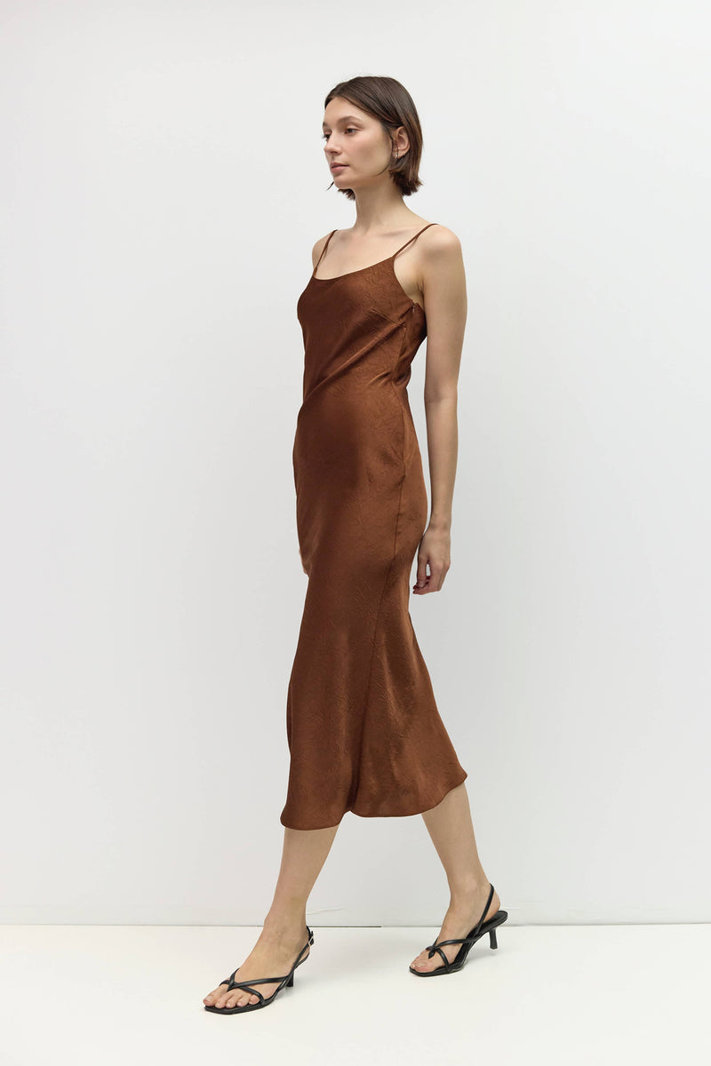 The Jasmine Dress | Crinkle Satin Midi Dress - Brown
