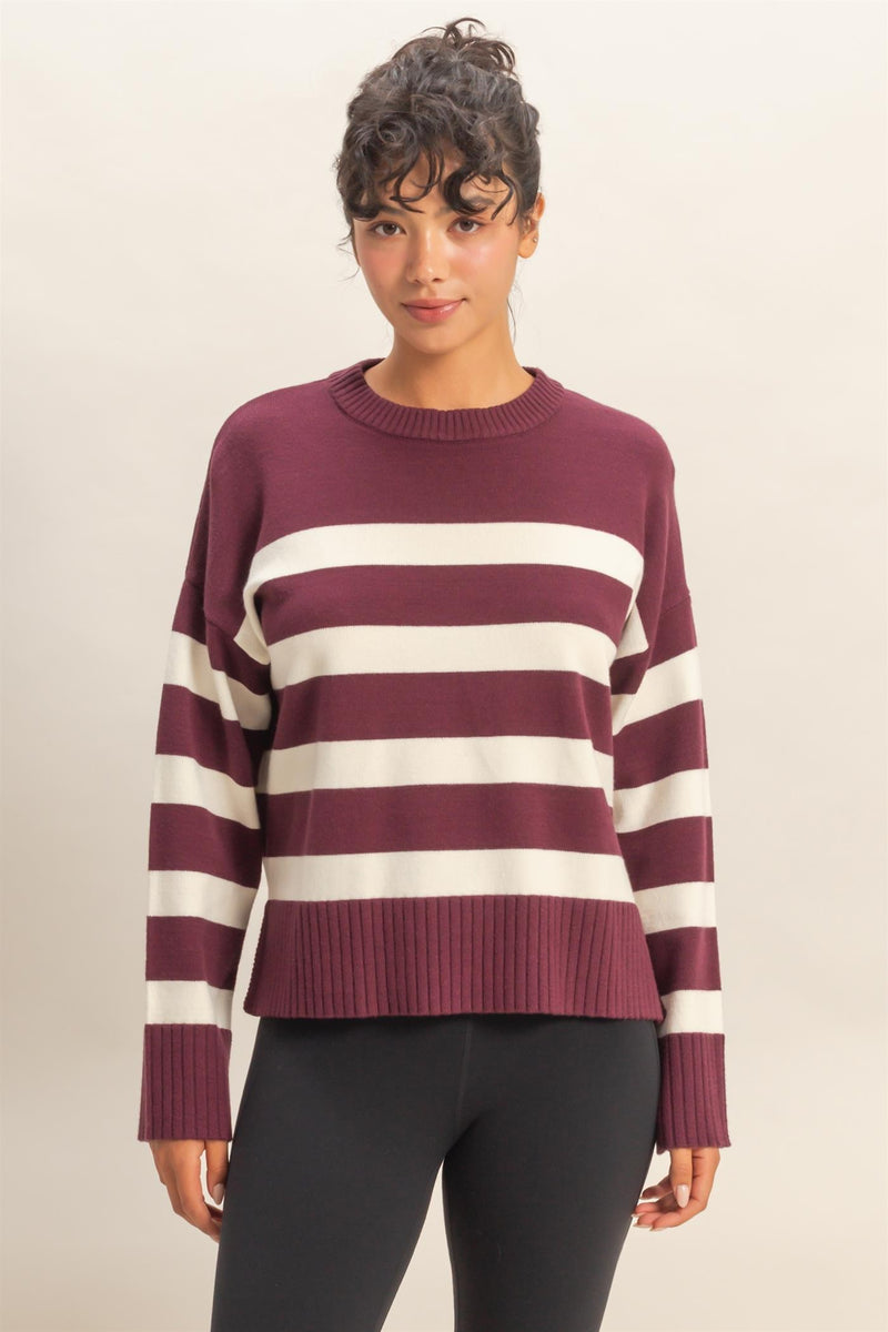Striped Sweater - Dark Cherry & Cream
