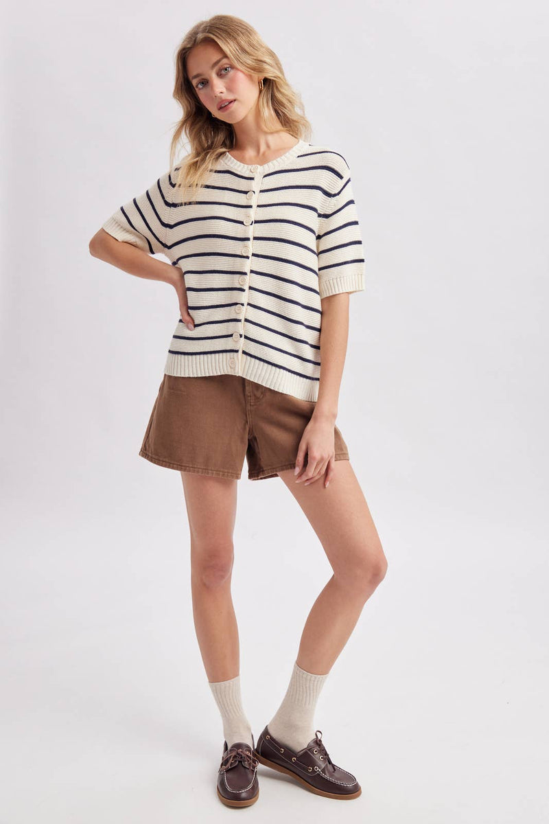 Striped Short-Sleeve Sweater - Navy