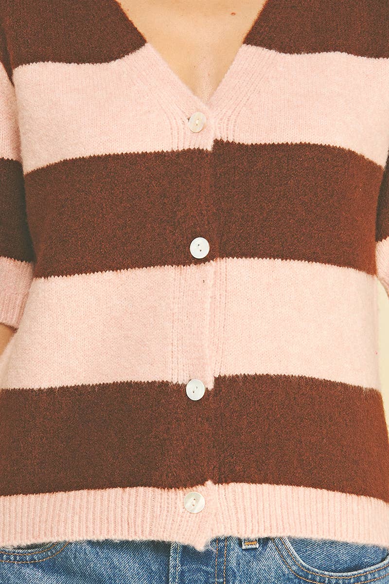 Striped V-Neck Cardigan - Pink & Brown