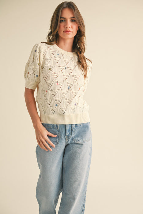 Pointelle Knit Sweater with Floral - Cream