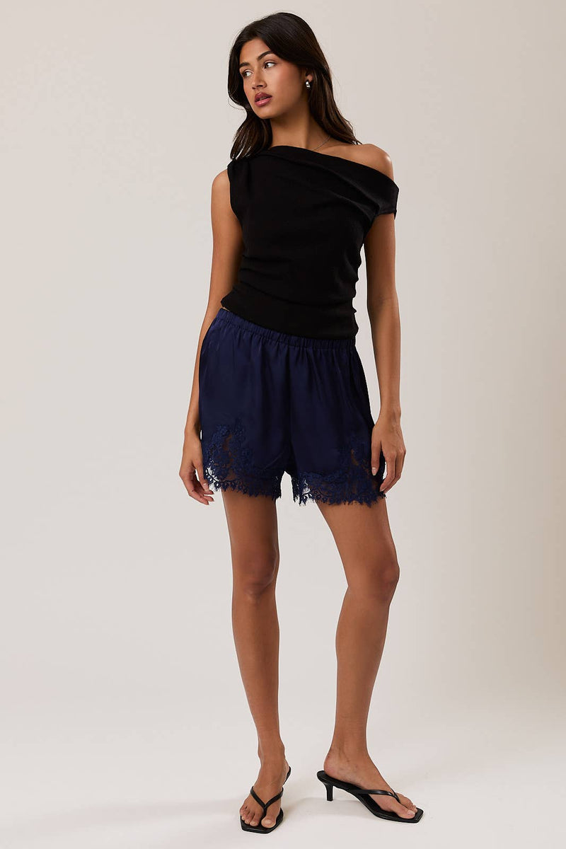 Lace Trim Satin Shorts - Navy