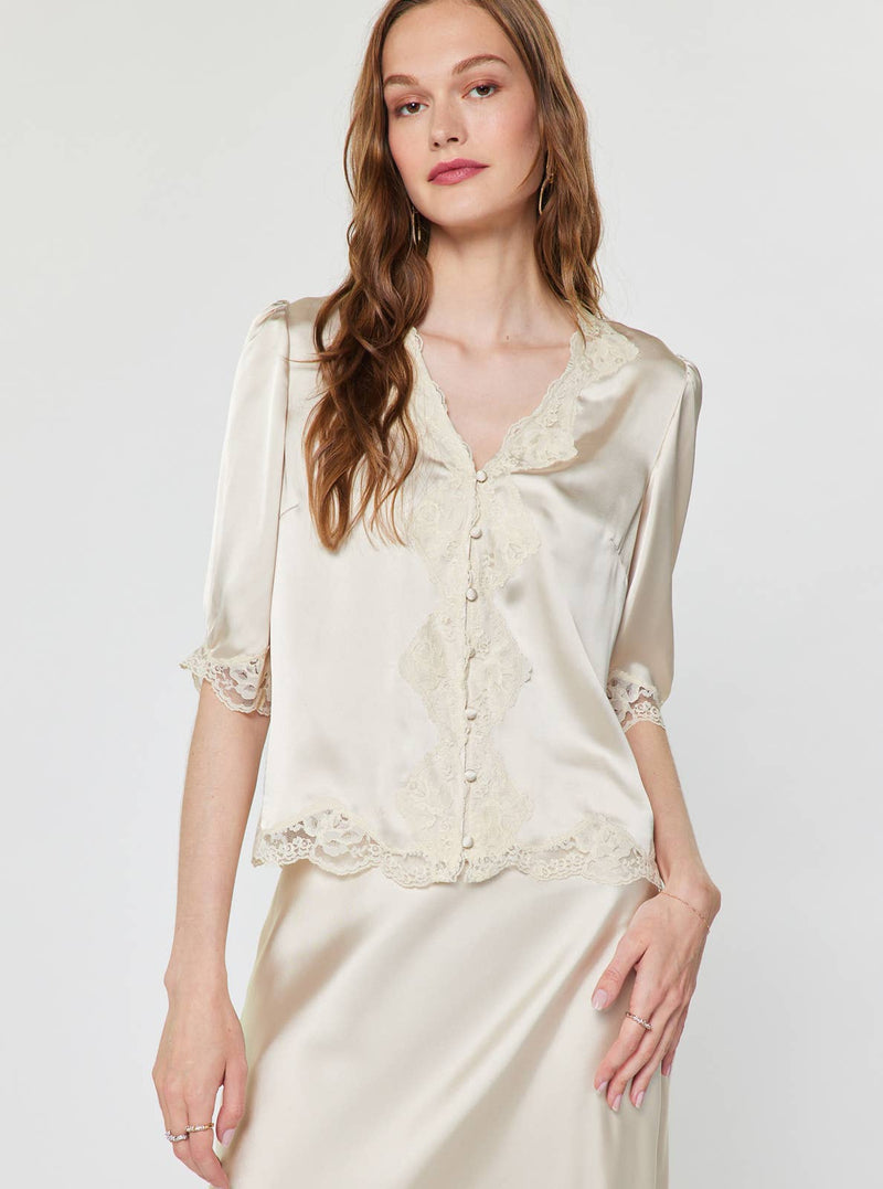 Lace Satin V-Neck Blouse - Ecru