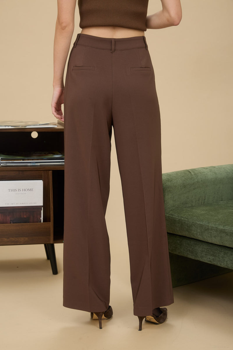 High Waist Pleated Wide Leg Dress Pants - Brown