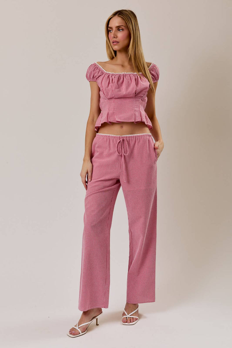 Mid Rise Gingham Pants - Red & White