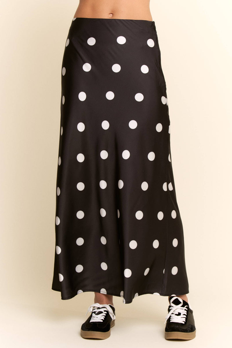 Polka Dot Long Satin Skirt - Black & White