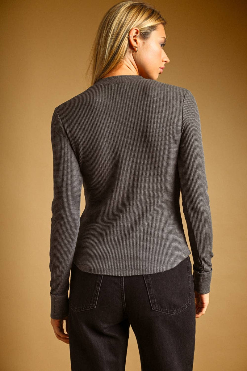 Waffle Fabric Snap Button Long Sleeve - Charcoal