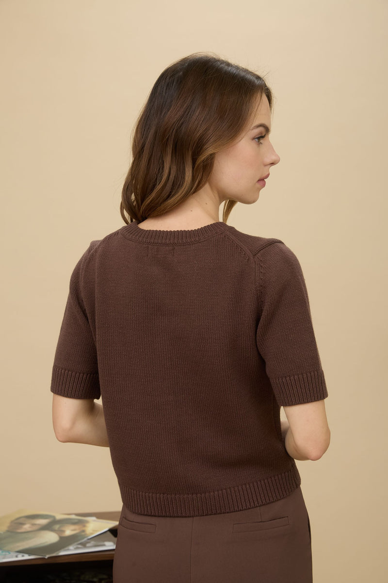 Short Sleeve Cardigan Sweater - Brown