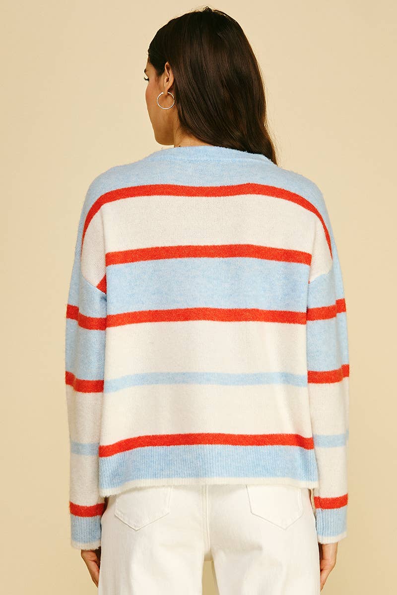 Striped Crew Neck Knit Sweater - Light Blue Multi