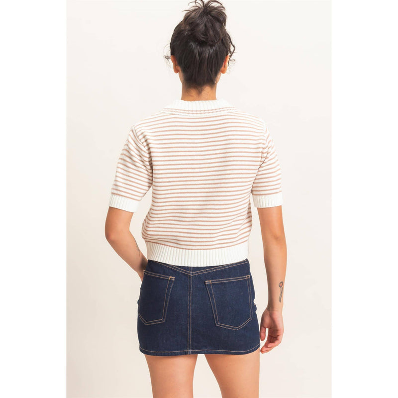 Striped Short-Sleeve Collar Knit Top - Dark Taupe