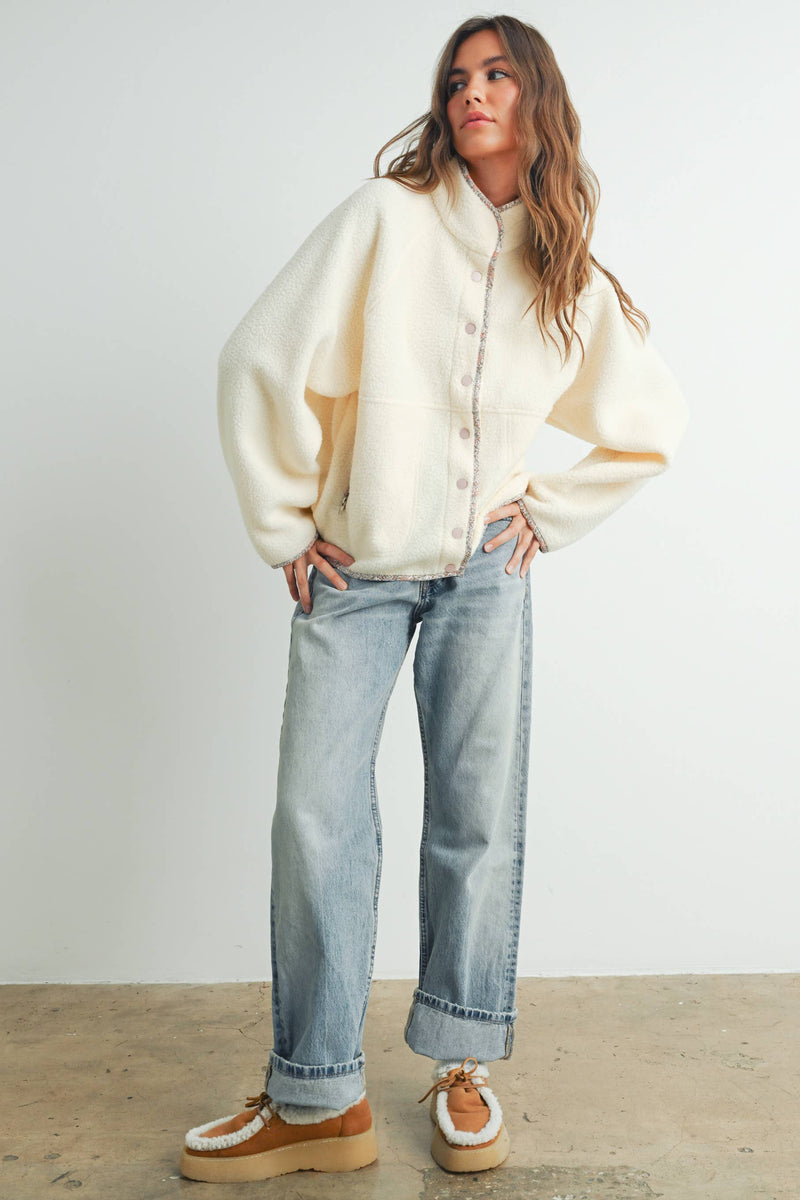 Mock Neck Sherpa Fleece Jacket - Ivory
