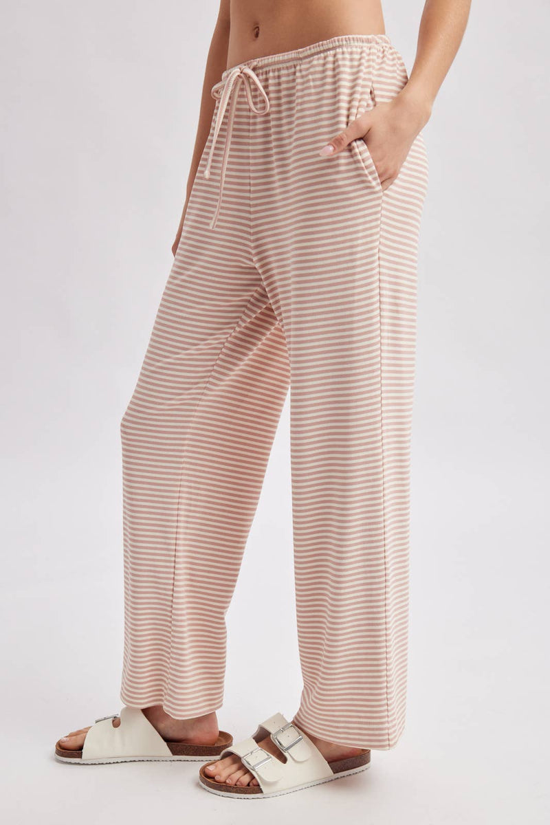 Striped Drawstring Knit Pants - Pink & Cream
