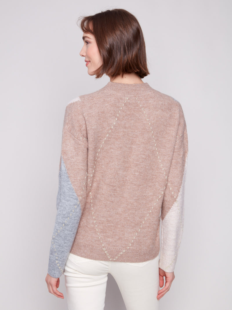 Drop Shoulder V Neck Jacquard Sweater - Sesame