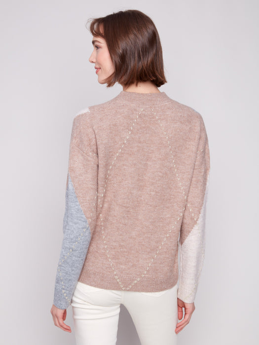 Drop Shoulder V Neck Jacquard Sweater - Sesame