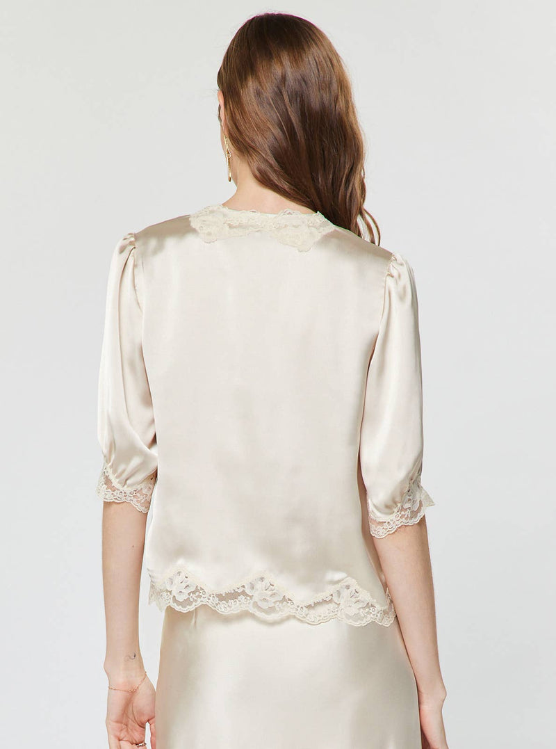 Lace Satin V-Neck Blouse - Ecru