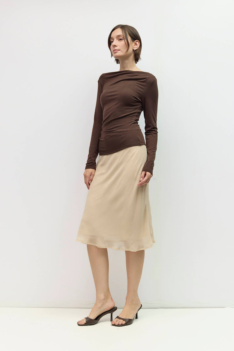 The Stacy Top | Off the Shoulder Long Sleeve Top - Brown